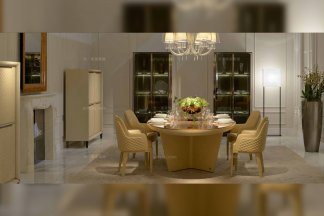 黄瓜视频免费版下载官网奢华别墅豪宅家具品牌餐厅家具后现代黄色真皮餐桌+餐椅组合